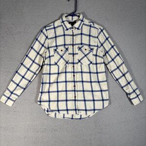J Crew Plaid Shirt Women’s Size 4P‎ Blue Cream Off White Collarded Cowgirl Rodeo